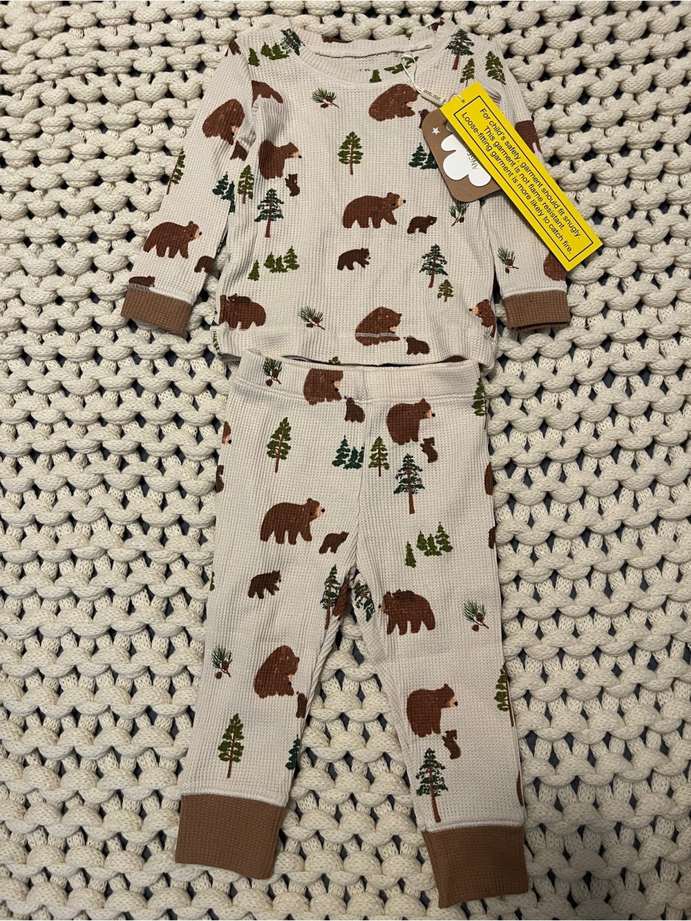 Angel Dear Beige Thermal Pajama Set with Brown Bears and Green Trees